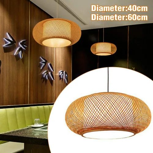 Vista 3 de Lámpara colgante de bambú tejida hecha a mano, ratán antiguo, lámpara colgante de techo de madera natural con cable ajustable para sala de estar