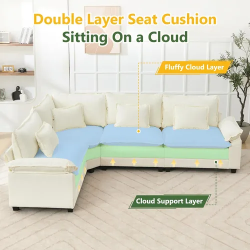 Vista 3 de Juego de sofá seccional modular de gran tamaño, sofá de nube convertible de asiento profundo, sofá esquinero grande en forma de L con cojines Beige