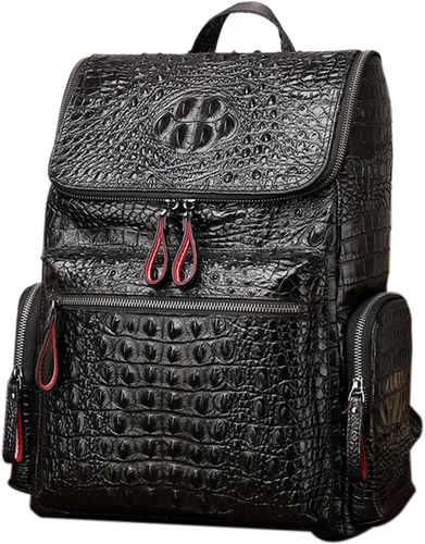 Vista 8 de boshiho Mochila de cuero real para computadora portátil, bolsa de viaje de moda, mochila para hombres, patrón de cocodrilo (S)