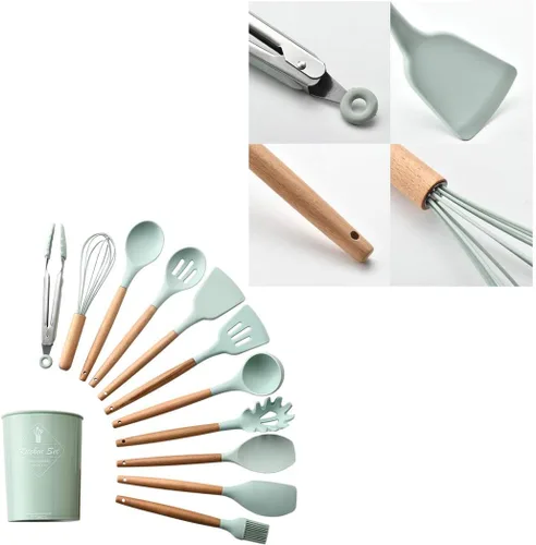Vista 3 de Juego de 17 utensilios de silicona con mango de madera, resistente al calor, utensilios de cocina fáciles de limpiar, herramientas de cocina