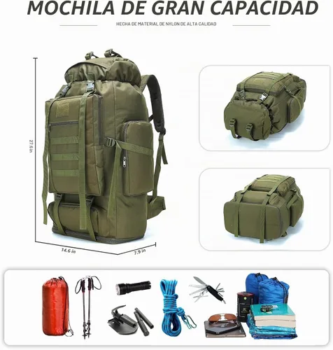 Vista 3 de Mochila de senderismo y camping, mochila MOLLE impermeable para viajes (verde militar)
