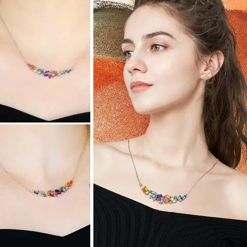 Vista 2 de RANDES Collar de barra curvada de arco iris para mujer, plata de ley 925, collar con colgante de piedras preciosas coloridas creadas en laboratorio