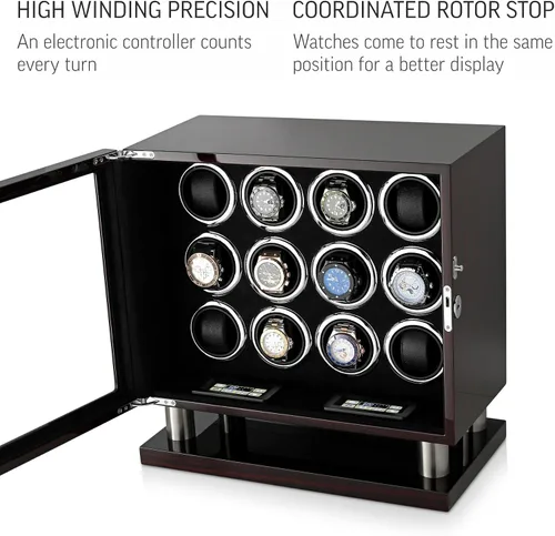 Vista 4 de Bobinadora de 12 relojes para relojes automáticos con luz LED y control de pantalla táctil LCD, Ébano + Negro, Compacto