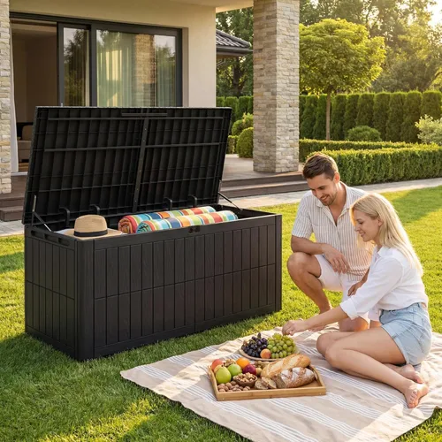 Vista 6 de UDPATIO Caja de almacenamiento para exteriores de 120 galones, con cerradura, de resina impermeable, contenedor de almacenamiento para interiores