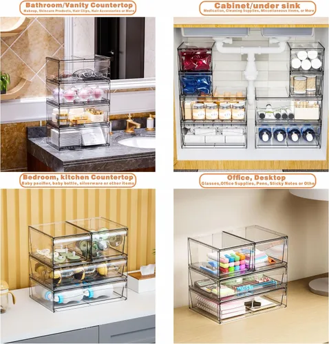Vista 5 de Paquete de 6 cajones de almacenamiento apilables transparentes, organizador de maquillaje de baño grande de 12 pulgadas de ancho y bolígrafo, lentes