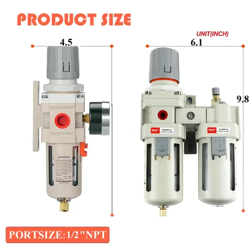 Vista 2 de RIH Pneumatics - Regulador de filtro de aire comprimido NPT de 1/2 pulgada, lubricador combinado separador de trampa de agua/aceite, calibre