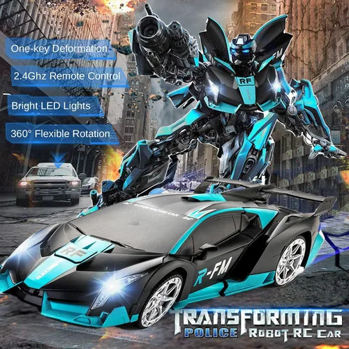 Vista 2 de Transform - Robot de coche RC de 24 GHz 118 recargable con control remoto de policía juguetes con luz y transformación de un botón y rotación de 360