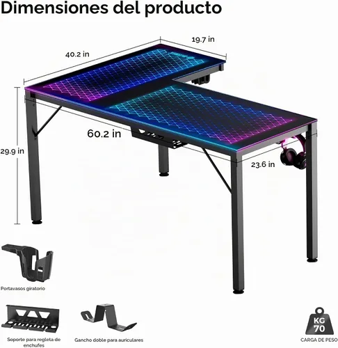 Vista 3 de EUREKA ERGONOMIC Escritorio de Juegos en Forma de L Reversible de 60 Pulgadas de Vidrio Negro con Luces LED RGB, Mesa de Computadora para Oficina