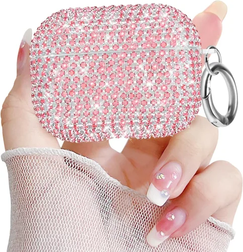 Vista 15 de Newseego Funda para AirPods de 1 y 2 generación, funda de lujo con diamantes de imitación brillantes con llavero para mujeres y niñas, anti-pérdida