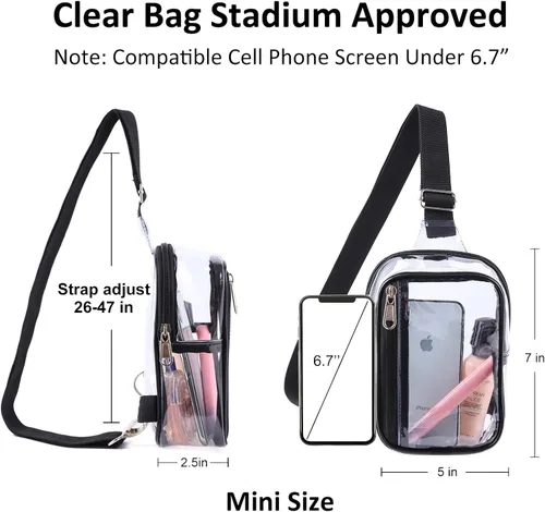 Vista 4 de Edraco Mini bolsa transparente tipo cangurera, resistente y transparente, bonito bolso cruzado para conciertos, estadio, viajes