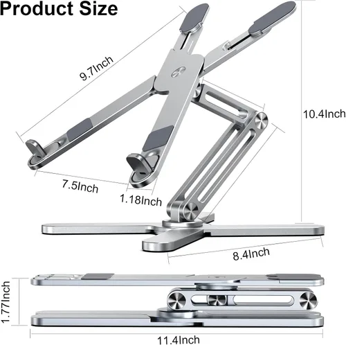 Vista 6 de LIENS Soporte ajustable para laptop con base giratoria de 360°, elevador de aluminio para computadora portátil plegable para escritorio, soporte