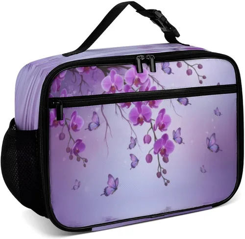 Vista 27 de Lonchera reutilizable con diseño de flores de hibisco blanco, bolsa de almuerzo aislada, lonchera para comida y alimentos, bolsa de mano