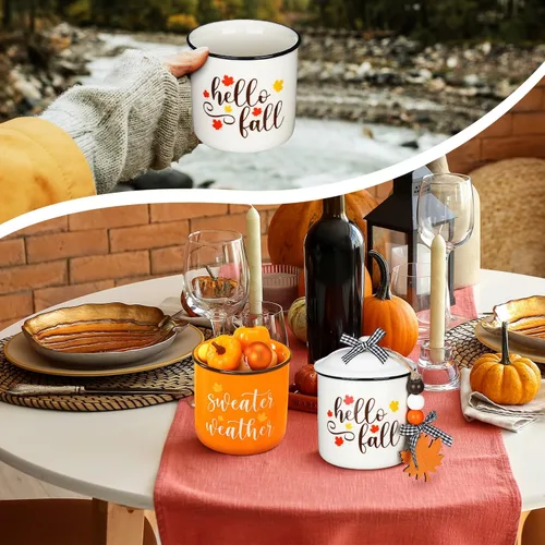 Vista 6 de Tanlade Tazas de café de otoño de Acción de Gracias, tazas blancas y naranjas con tapa, taza de cerámica con lazo a cuadros de búfalo y cuentas