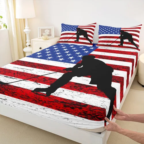 Vista 6 de Erosebridal American Flag Fitted Sheet Twin, Hockey Bedding Set United States Sports Games Bed Sheets for Kids Boys Teens Bedroom, Red White