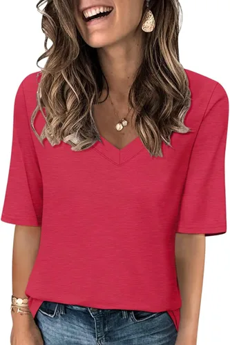 Vista 30 de Minetom Camisetas de verano básicas de media manga con cuello en V para mujer