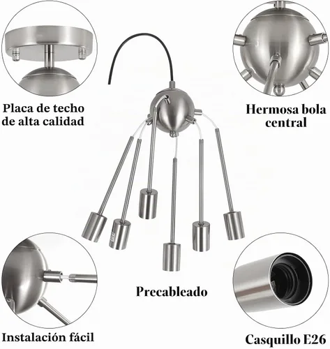 Vista 7 de LASENCHOO Lámpara de techo Sputnik, lámpara de techo de 8 luces Sputnik en níquel cepillado, lámparas de araña Sputnik, lámpara de techo moderna