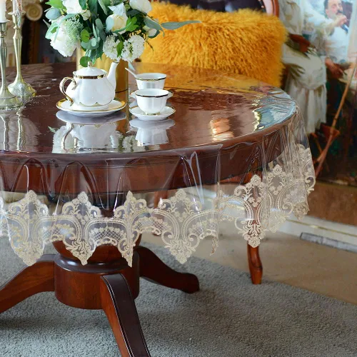 Vista 4 de SUTAVIA Mantel redondo de encaje de vinilo transparente, 100% a prueba de aceite, impermeable, a prueba de derrames, protector de mesa de PVC Champán