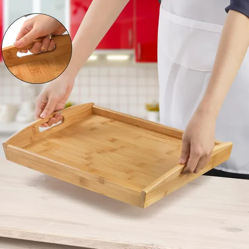 Vista 5 de Peohud Paquete de 4 bandejas de bambú para servir con asas, bandeja rectangular de comida de cocina para comer, bandejas de cena para comer
