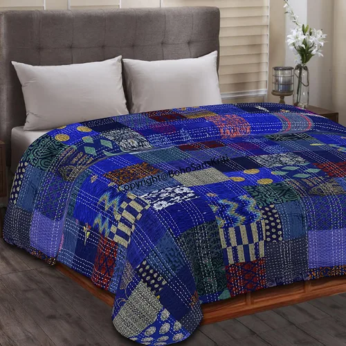 Vista 12 de Boho Sanskriti Colcha de seda india Kantha de retazos de seda tamaño Queen Twin Patola Colcha Negro