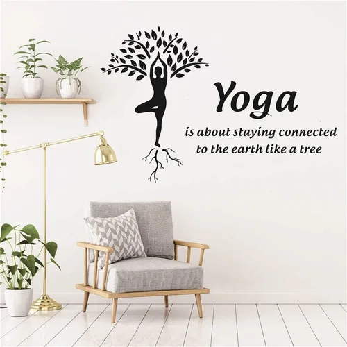 Vista 5 de Adhesivo de pared de árbol de yoga de 23 x 33 pulgadas, calcomanía de vinilo con cita para fitness y meditación, conectado a la tierra como un
