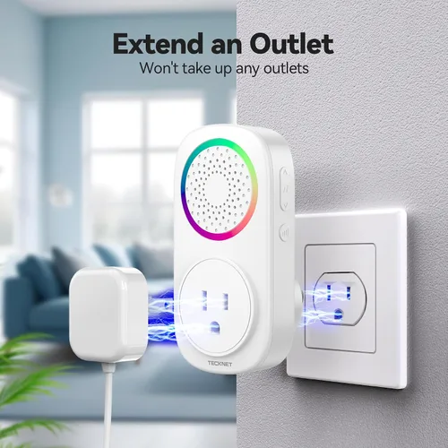 Vista 8 de TECKNET Kit de timbre inalámbrico autoalimentado, timbre de puerta enchufable con luz RGB, 60 campanillas y 5 niveles de volumen, timbre de aula