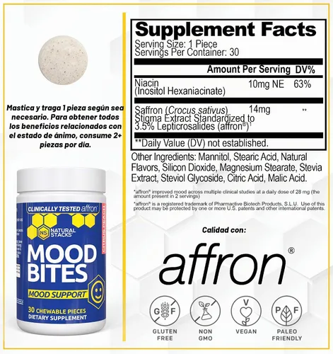 Vista 2 de Mood Bites - Suplemento de azafrán con vitamina B3, melocotón cítrico, 30