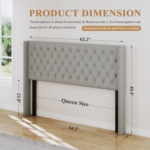 Vista 2 de Furpopup Cabecero Solo Tamaño Queen, Cabecero de Montaje en Pared en Forma de Ala Tamaño Queen para Cama Ajustable con Relleno de Espuma de Alta Gris