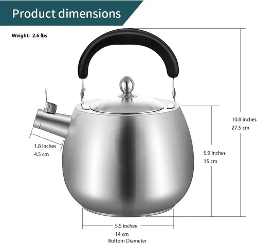 Vista 6 de Tetera de té resistente, tetera silbante, fondo sin costuras, acero inoxidable 304, acabado cepillado (4L)