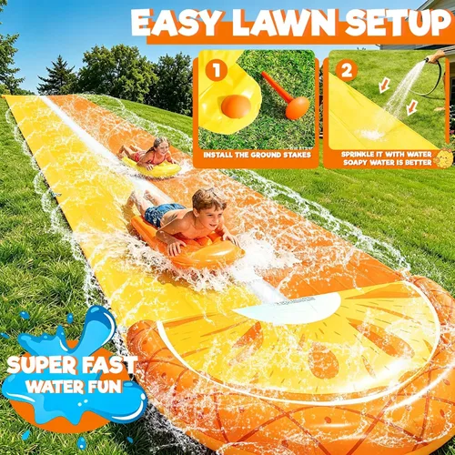 Vista 5 de iGeeKid Toboganes de agua de piña con 2 tablas de bodyboards para niños y adultos, juguetes de agua resistentes, aspersores, 2 carriles de carreras