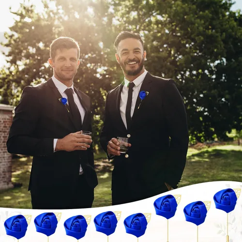 Vista 6 de Zeyune 24 piezas de bolsillo para ojales de boda Boutonniere Rose Boutonniere para hombres, bodas y fiestas de graduación (azul)