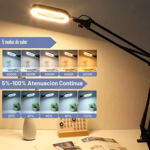 Vista 5 de Lupa rectangular de 10X con luz y abrazadera, 5 modos de color atenuables sin escalones, lupa iluminada con soporte manos libres, lámpara