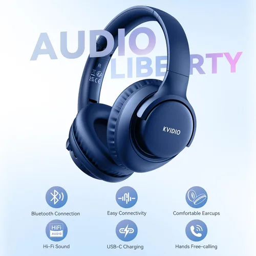 Vista 3 de KVIDIO Auriculares Bluetooth, auriculares inalámbricos con micrófono, tiempo de funcionamiento de 65 horas, auriculares sobre la oreja