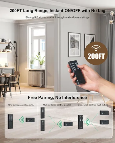 Vista 4 de Remote Control Outlet with All On/Off Switch, 200FT Range, Black 200FT Wireless Range, Mini Plug, 15A/1875W, Remote Switch for