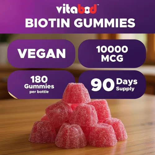 Vista 6 de Vitabod Gomitas Biotin de 10,000 mcg – 180 gomitas veganas para el cabello, la piel y las uñas para mujeres, hombres y niños – sin OMG, sin gluten