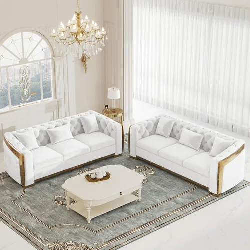 Vista 30 de DAMAIFROM Sofá Chesterfield moderno de mediados de siglo, sofá de terciopelo de 62" blanco y dorado, sofá biplaza curvo de lujo para sala de estar