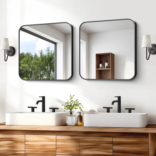 Vista 6 de Espejo de baño negro, espejos cuadrados de 18 x 18 pulgadas para pared, marco de metal, espejo de tocador de esquina redondeada para sobre