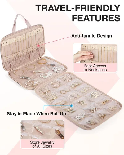 Vista 3 de BAGSMART Estuche organizador de joyas de viaje, bolsa de joyería colgante para viajes con bolsillos, bolsa de joyería de gran capacidad