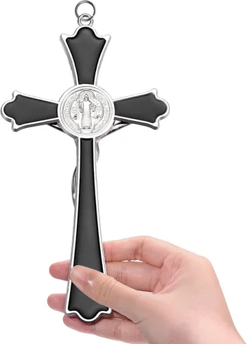 Vista 7 de Crucifijo de metal esmaltado de 8 pulgadas con cruz católica INRI para pared, decoración artística para dar bendición y lo sagrado espiritual: Negro