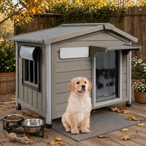 Vista 9 de Gowoodhut Casa para perros al aire libre, resistente a la intemperie, gran perrera de madera para interiores para perros pequeños con marco a prueba