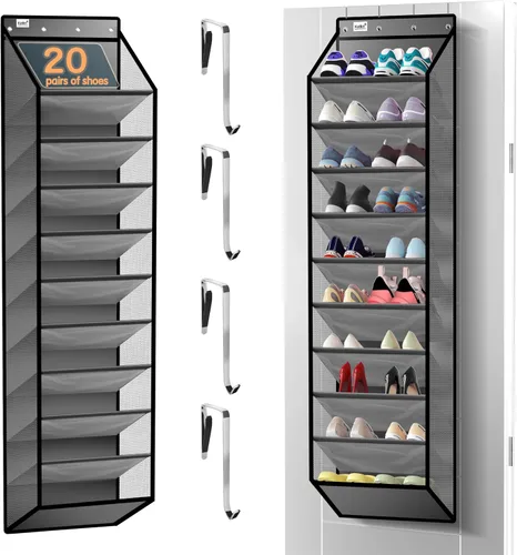 Vista 11 de Kotkn Organizador de 10 niveles sobre la puerta - Estante de almacenamiento colgante resistente con tela Oxford, sostiene más de 20 pares