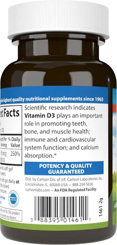 Vista 9 de Carlson Vitamina D3 a 2,000 UI a Apoya Huesos Saludables y Función Inmune (120 Geles Suaves)