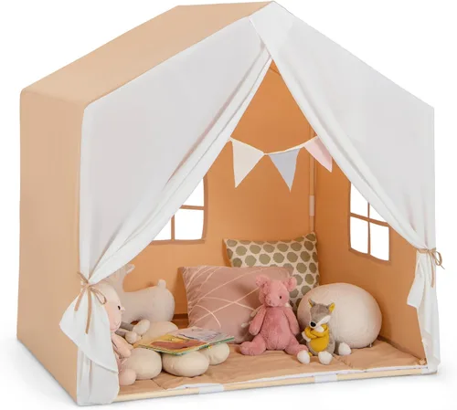 Vista 10 de Costzon Large Kids Tent with Mat, Children's Play Tent w/Flag Banner, Windows, Gauze Curtain, Solid Wood Frame, Indoor Outdoor Kids Playhouse for