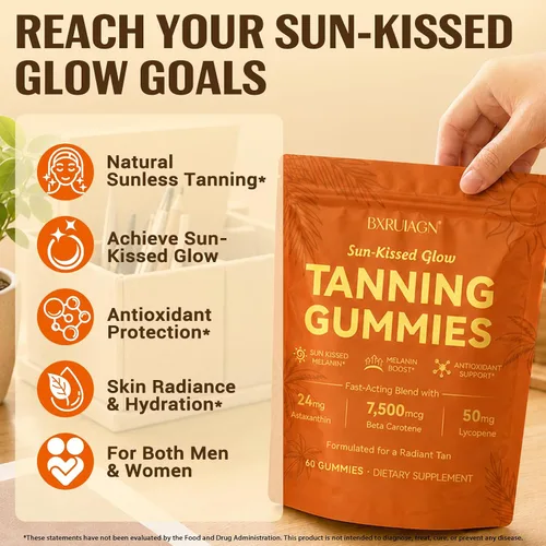 Vista 4 de Gomitas bronceadoras, suplemento de bronceado sin sol para mujeres y hombres, con beta-astaxantina, caroteno, licopeno, colágeno y vitaminas