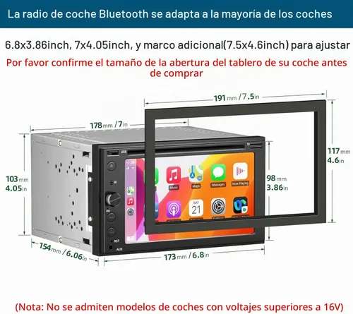 Vista 3 de Estéreo de coche doble DIN con reproductor de CD/DVD Apple Carplay y Android Auto, radio de coche de 6.2 pulgadas con Bluetooth y cámara