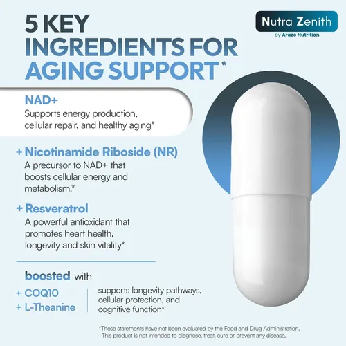 Vista 5 de Suplemento NAD+ con ribósido de nicotinamida (alternativa NMN), CoQ10 y resveratrol - 60 cápsulas para un apoyo saludable al envejecimiento, impulso