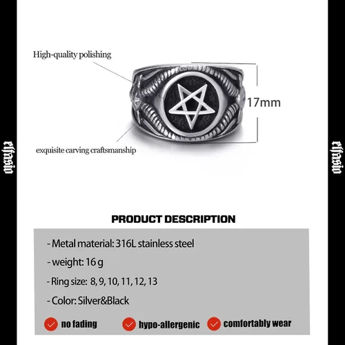 Vista 6 de Anillo de pentagrama Baphomet Cabra Satanás Demonio Diablo Hombres Anillos de Acero Inoxidable Joyería Vintage