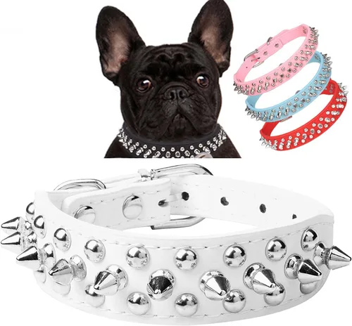 Vista 19 de Serijoars Collar para perro con tachuelas, de piel sintética suave con clavos de hongos, ajustable, para cachorros (XS, Negro)