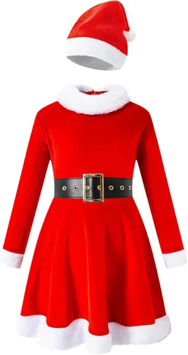 Vista 2 de DANBAIEGG Traje de Navidad para niñas, vestido de Papá Noel, disfraz de Navidad con sombrero y cinturón