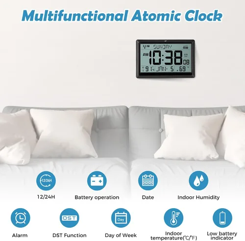 Vista 2 de Amgico Reloj de pared digital, reloj atómico de pantalla grande de 10.5", funciona con pilas, ajuste automático de calendario digital