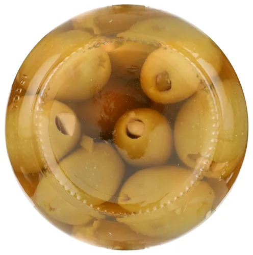Vista 4 de Tassos Aceitunas griegas súper mamut de jalapeno-ajo con doble relleno, 35.27 onzas